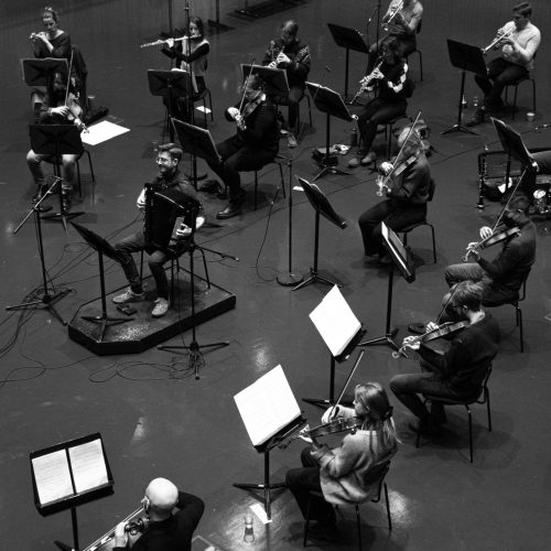 Recording Finnur Karlsson's concerto.                   Photo: Melkorka Líney Hafsteinsdóttir